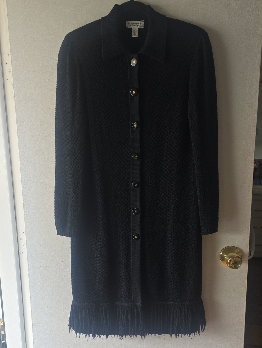 St. John Sport by Marie Gray Black Button-Front Fringe Hem Long Cardigan